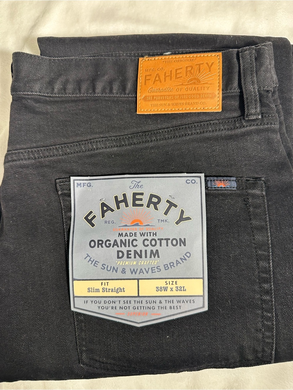 Faherty Slim Straight Jeans in Black with Leather Patch special weave $ 198 NWT